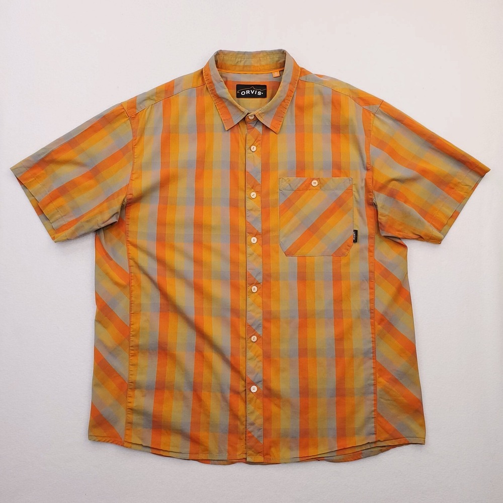 Orvis Shirt Mens XL‎ Orange Gray Plaid Outdoor Lightweight Preppy Western Cowboy